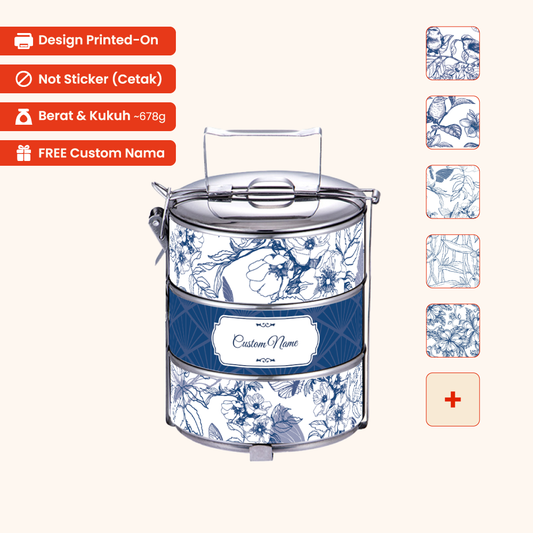 Teezbee.com — Corak Dicetak Terus (Not Sticker) 12cm 3-Tier Artline Blue 01 Tiffin Carrier + FREE Custom Nama for Mangkuk Tingkat
