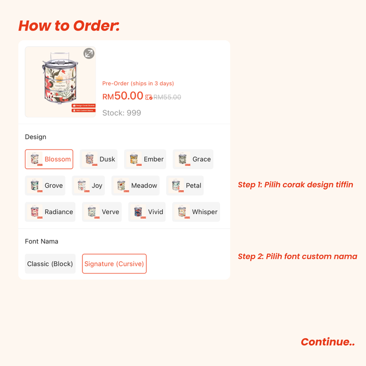 Corak Dicetak Terus (Not Sticker) — 12cm 3-Tier Batik 01 Tiffin Carrier + FREE Custom Nama for Mangkuk Tingkat