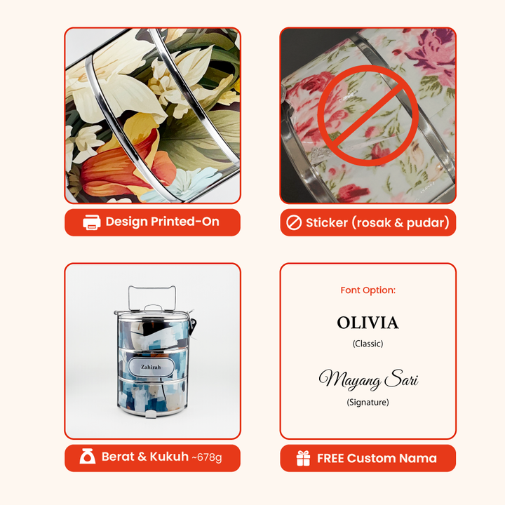 14cm 3-Tier Plaid 01 Tiffin Carrier — Design Cetakan Terus (Not Sticker) + Custom Nama Percuma