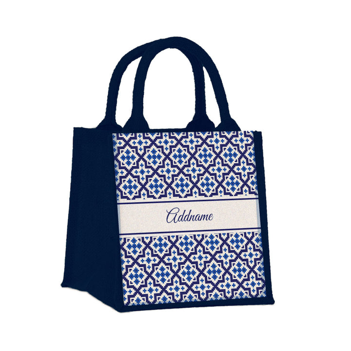 Teezbee.com - Flora Motif Moroccan & Mosaic Series Jute Tote Bag (Small | Navy | Signature)