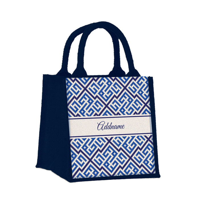 Teezbee.com - Linear Cubic Moroccan & Mosaic Series Jute Tote Bag (Small | Navy | Signature)