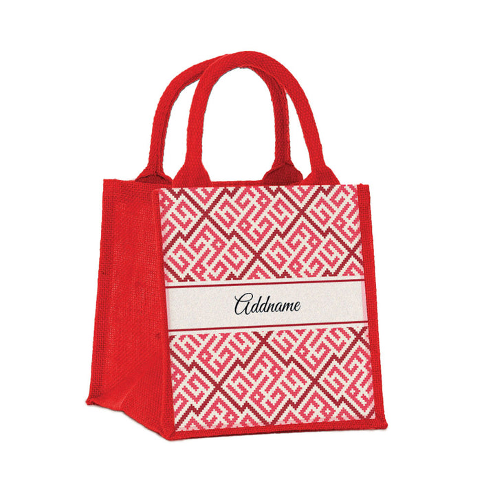 Teezbee.com - Linear Cubic Moroccan & Mosaic Series Jute Tote Bag (Small | Red | Signature)