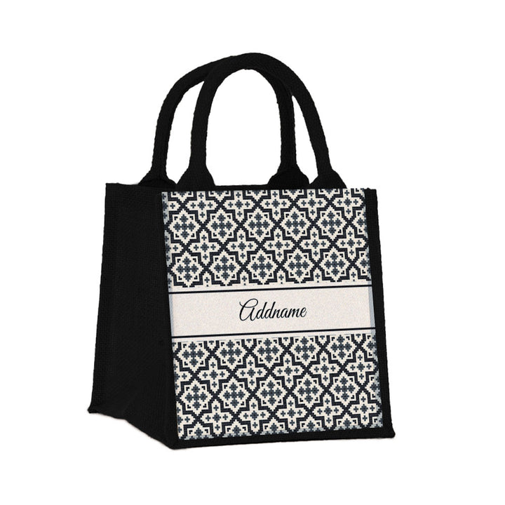 Teezbee.com - Flora Motif Moroccan & Mosaic Series Jute Tote Bag (Small | Black | Signature)