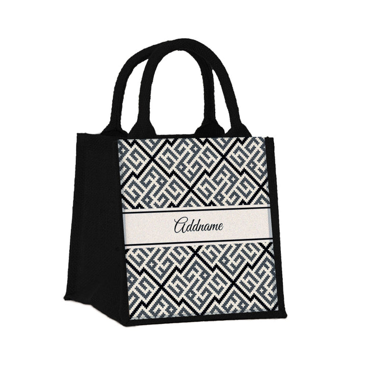 Teezbee.com - Linear Cubic Moroccan & Mosaic Series Jute Tote Bag (Small | Black | Classic)