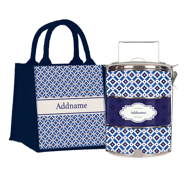 Teezbee.com - Zellige Moroccan & Mosaic Series 3-Tier Standard Small 12cm Tiffin Carrier (Navy | Classic)