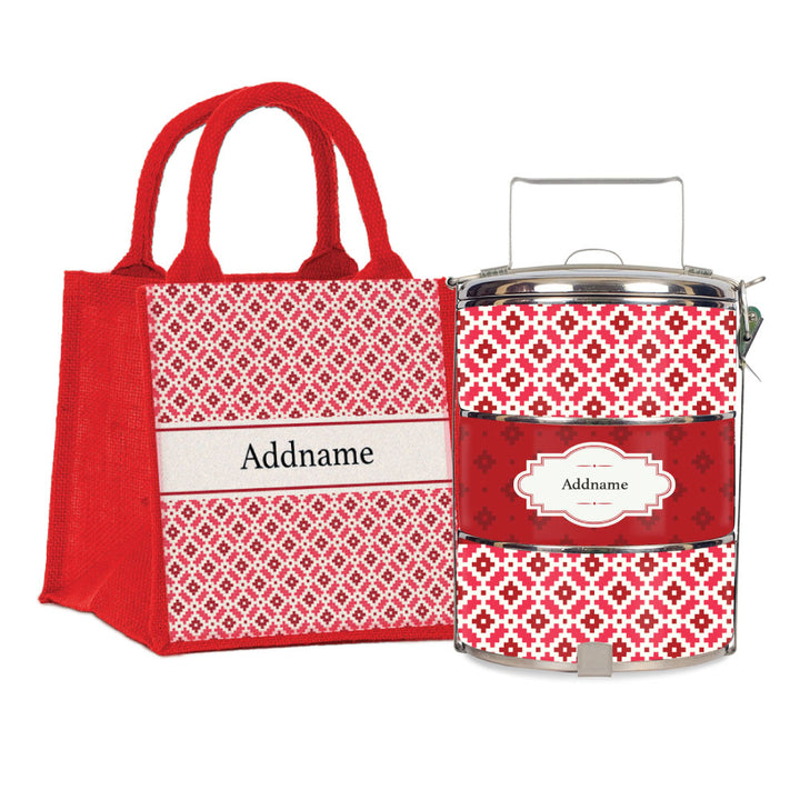 Teezbee.com - Zellige Moroccan & Mosaic Series 3-Tier Standard Small 12cm Tiffin Carrier (Red | Classic)