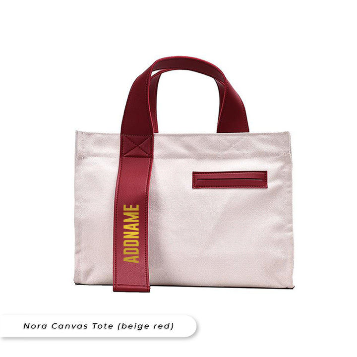 Teezbee.com - Nora Canvas Tote Bag (Beige Red) Gold Font
