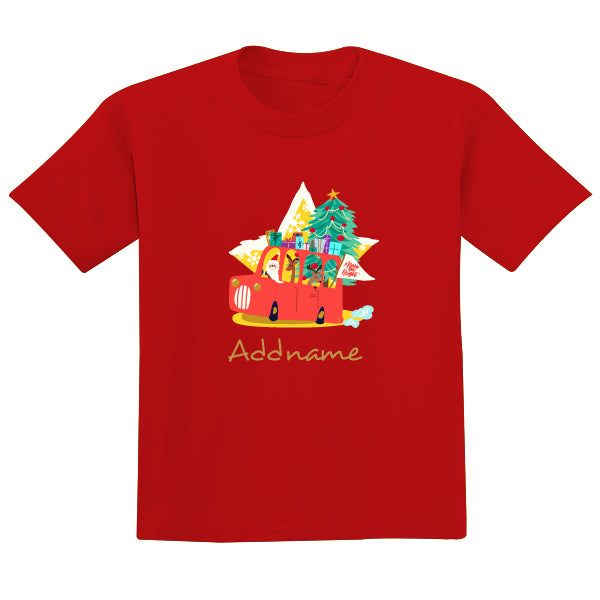 Teezbee.com - Merry & Bright Christmas Santa Reindeer Presents - Adult-T (Red)