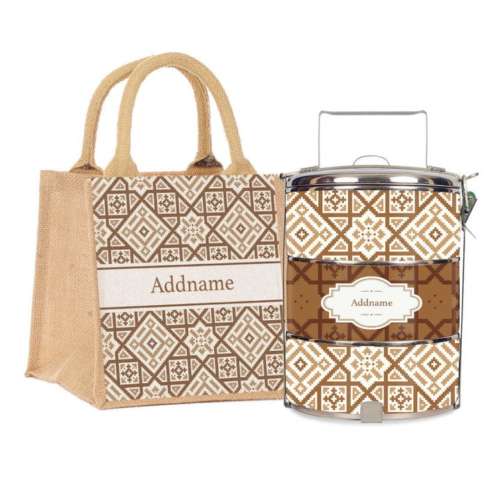 Teezbee.com - Aztec Moroccan & Mosaic Series 3-Tier Standard Small 12cm Tiffin Carrier (Natural | Classic)