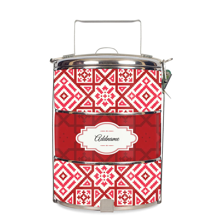 Teezbee.com - Aztec Moroccan & Mosaic Series 3-Tier Standard Small 12cm Tiffin Carrier (Red | Signature)