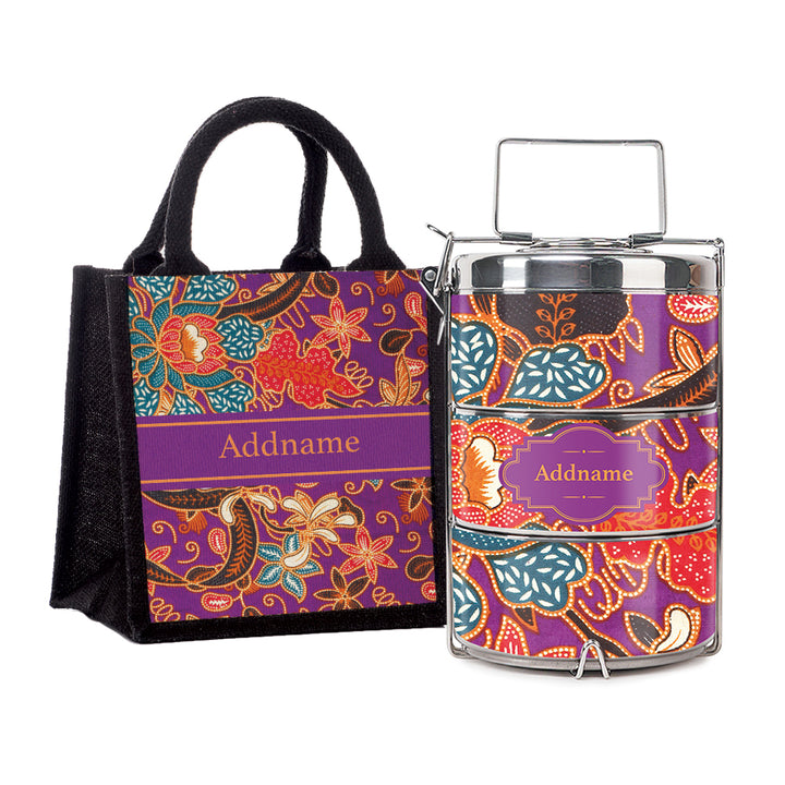 Teezbee.com - Sarong Purple Batik Insulated Tiffin Carrier & Lunch Bag