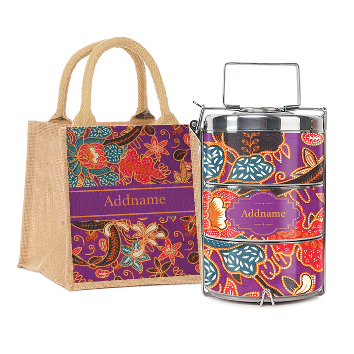 Teezbee.com - Sarong Purple Batik Insulated Tiffin Carrier & Lunch Bag