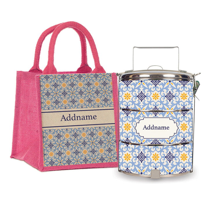 Teezbee.com - Moroccan Damask Blue Tiffin Carrier & Lunch Bag