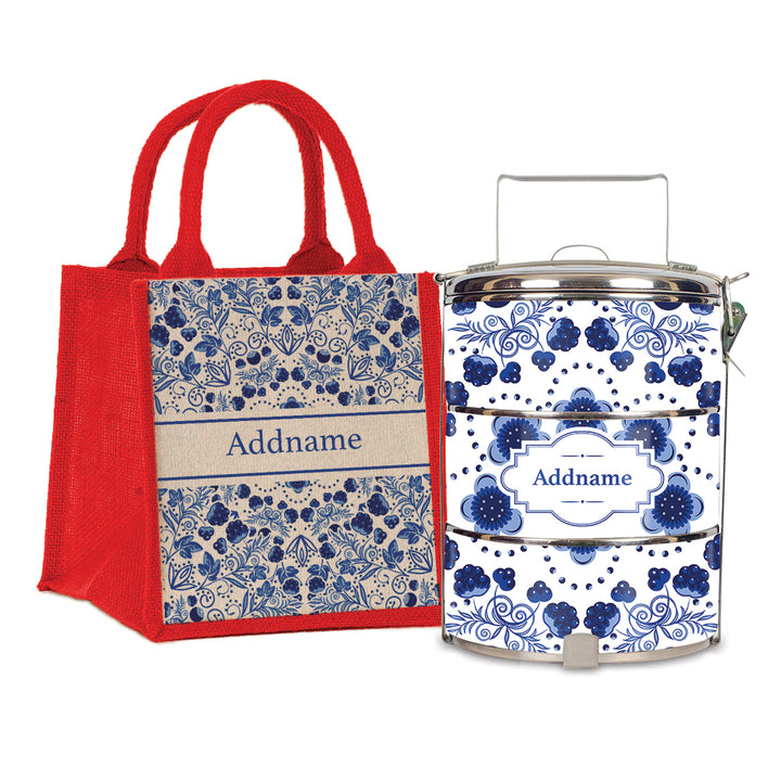 Teezbee.com - Chinese Blue Porcelain Tiffin Carrier & Lunch Bag