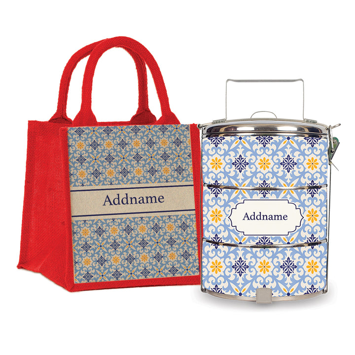 Teezbee.com - Moroccan Damask Blue Tiffin Carrier & Lunch Bag
