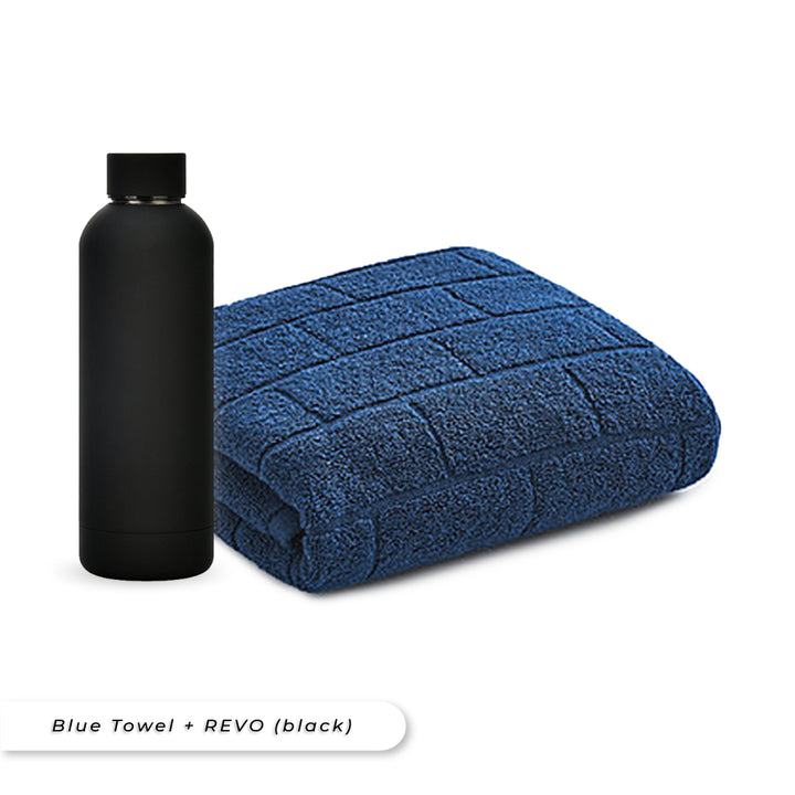 Teezbee.com - Antibacterial Bath Towel (Blue) + REVO Bottle (Black) Bundle