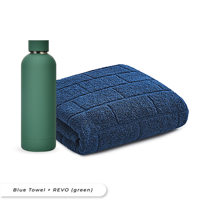 Teezbee.com - Antibacterial Bath Towel (Blue) + REVO Bottle (Green) Bundle
