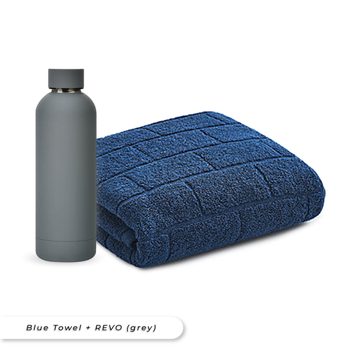 Teezbee.com - Antibacterial Bath Towel (Blue) + REVO Bottle (Grey) Bundle