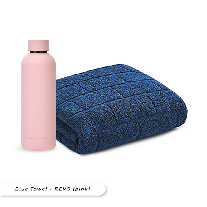 Teezbee.com - Antibacterial Bath Towel (Blue) + REVO Bottle (Pink) Bundle