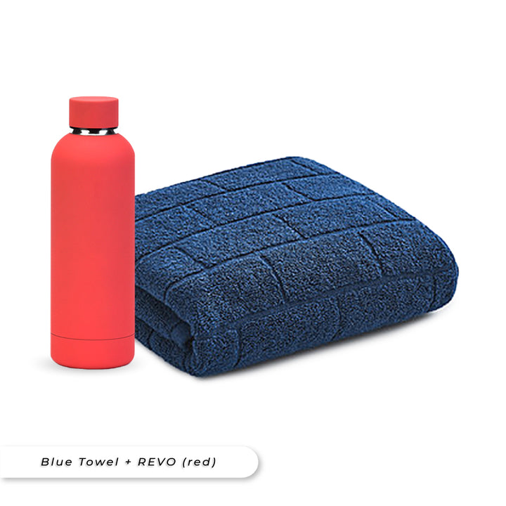 Teezbee.com - Antibacterial Bath Towel (Blue) + REVO Bottle (Red) Bundle