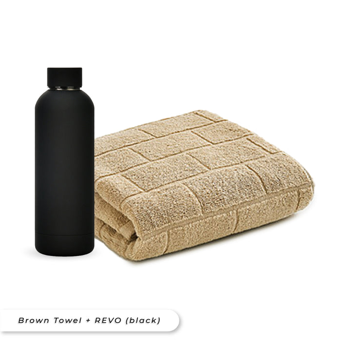 Antibacterial Bath Towel (Brown) + REVO Bottle (Black) Bundle