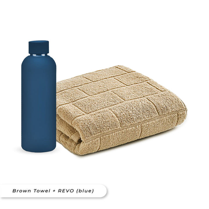 Antibacterial Bath Towel (Brown) + REVO Bottle (Blue) Bundle