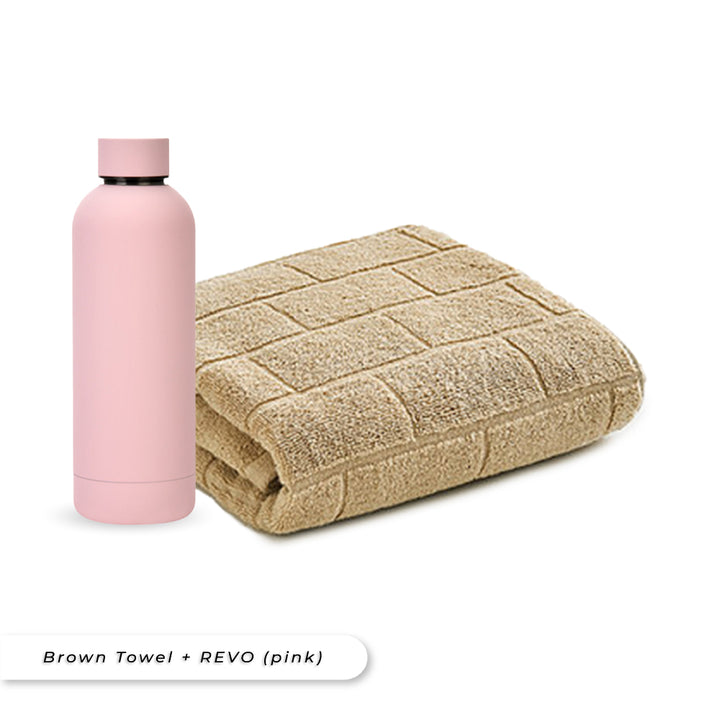 Antibacterial Bath Towel (Brown) + REVO Bottle (Pink) Bundle