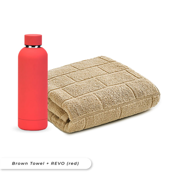 Antibacterial Bath Towel (Brown) + REVO Bottle (Red) Bundle