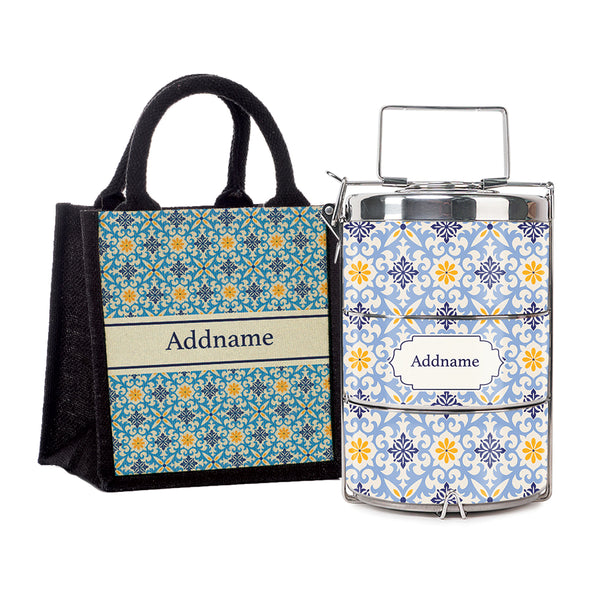 Teezbee.com - Moroccan Damask Blue Insulated Tiffin Carrier & Lunch Bag