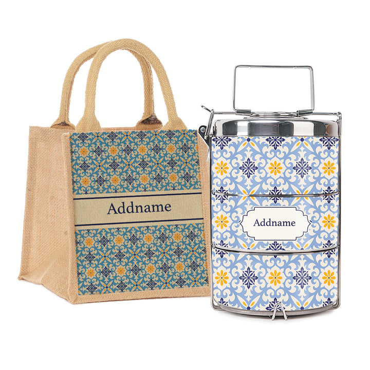 Teezbee.com - Moroccan Damask Blue Insulated Tiffin Carrier & Lunch Bag
