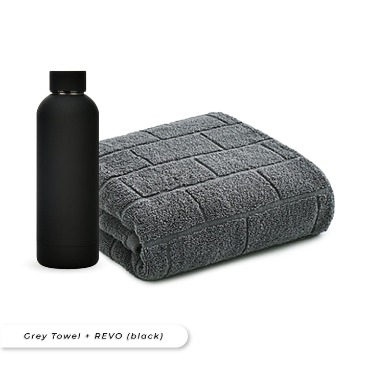 Antibacterial Bath Towel (Grey) + REVO Bottle (Black) Bundle