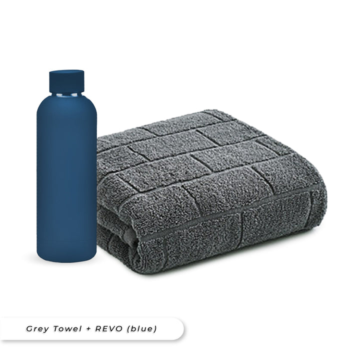 Antibacterial Bath Towel (Grey) + REVO Bottle (Blue) Bundle