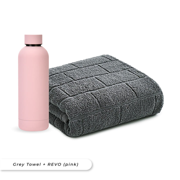 Antibacterial Bath Towel (Grey) + REVO Bottle (Pink) Bundle