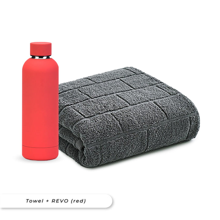 Antibacterial Bath Towel (Grey) + REVO Bottle (Red) Bundle