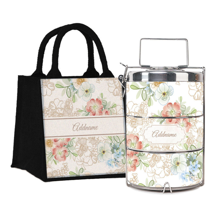 Abstract Fleur Flora Series 3-Tier Premium Medium 13cm Tiffin Carrier & Jute Bag (Black | Signature)