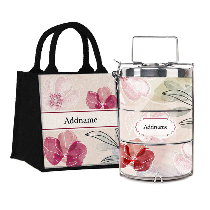 Floral Flourish Flora Series 3-Tier Premium Medium 13.5cm Tiffin Carrier & Jute Bag (Black | Classic)