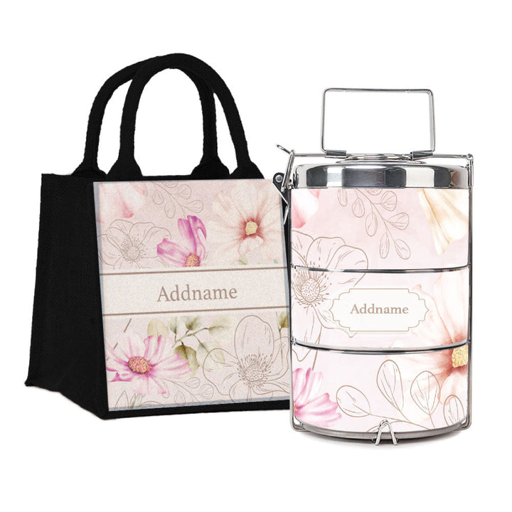 Floral Verse Flora Series 3-Tier Premium Medium 13.5cm Tiffin Carrier & Jute Bag (Black | Signature)