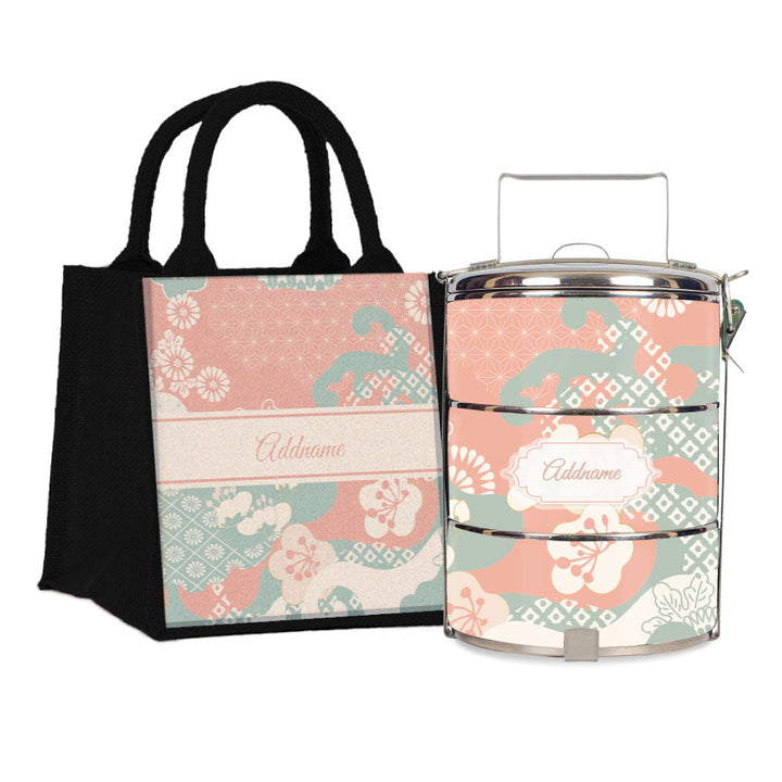 Rosy Cherry Blossom Oriental Series 3-Tier Standard Medium 14cm Tiffin Carrier & Jute Bag (Black | Signature)