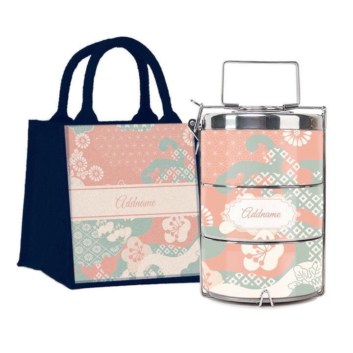 Rosy Cherry Blossom Oriental Series 3-Tier Premium Medium 13.5cm Tiffin Carrier & Jute Bag (Blue | Signature)