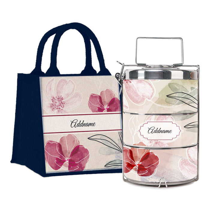 Floral Flourish Flora Series 3-Tier Premium Medium 13.5cm Tiffin Carrier & Jute Bag (Blue | Signature)
