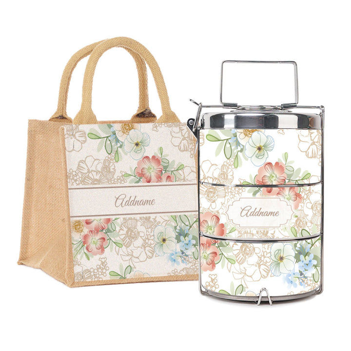 Abstract Fleur Flora Series 3-Tier Premium Medium 13cm Tiffin Carrier & Jute Bag (Natural | Signature)