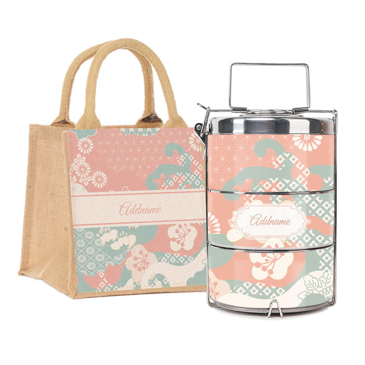 Rosy Cherry Blossom Oriental Series 3-Tier Premium Medium 13.5cm Tiffin Carrier & Jute Bag (Natural | Signature)