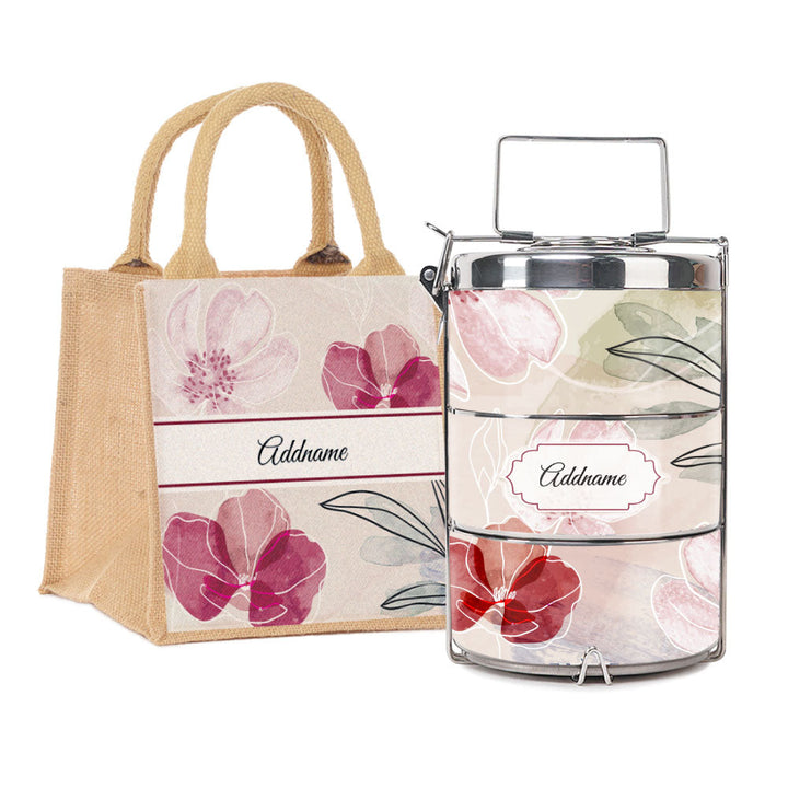 Floral Flourish Flora Series 3-Tier Premium Medium 13.5cm Tiffin Carrier & Jute Bag (Natural | Signature)