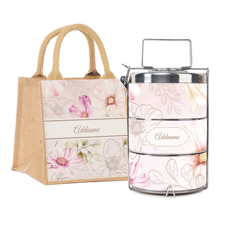 Floral Verse Flora Series 3-Tier Premium Medium 13.5cm Tiffin Carrier & Jute Bag (Natural | Signature)