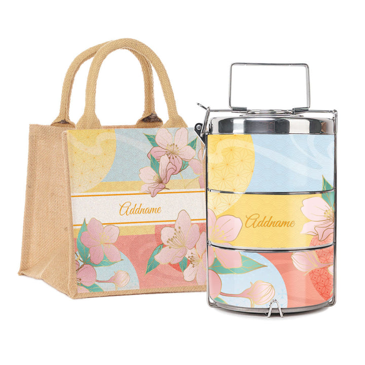 Zen Blossom Oriental Series 3-Tier Premium Medium 11.5cm Tiffin Carrier & Jute Bag (Natural | Signature)