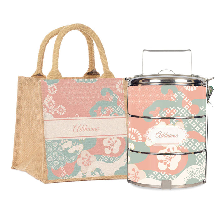 Rosy Cherry Blossom Oriental Series 3-Tier Standard Medium 14cm Tiffin Carrier & Jute Bag (Natural | Signature)