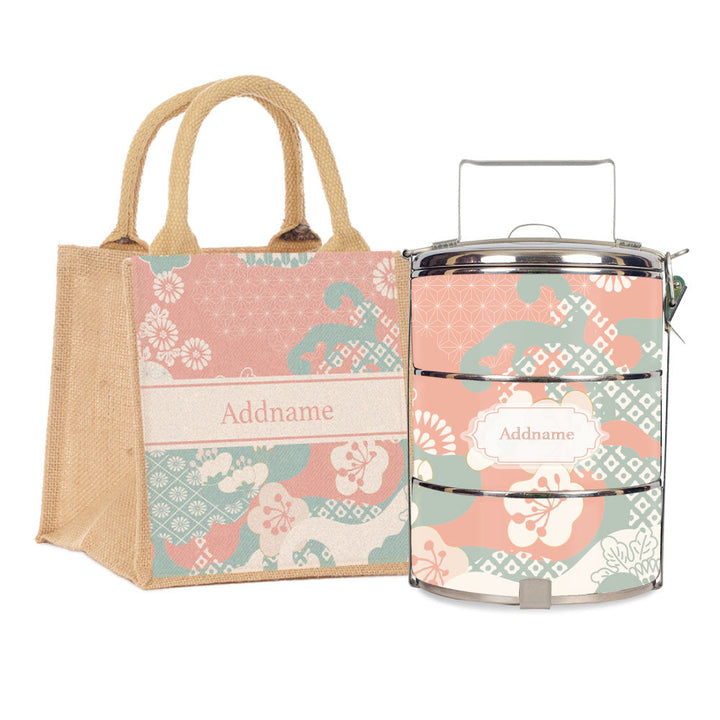 Rosy Cherry Blossom Oriental Series 3-Tier Standard Medium 14cm Tiffin Carrier & Jute Bag (Natural | Classic)