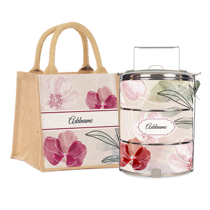 Floral Flourish Flora Series 3-Tier Standard Medium 14cm Tiffin Carrier & Jute Bag (Natural | Signature)