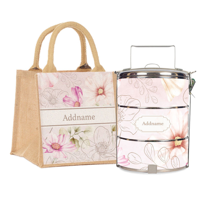 Floral Verse Flora Series 3-Tier Standard Medium 14cm Tiffin Carrier & Jute Bag (Natural | Classic)