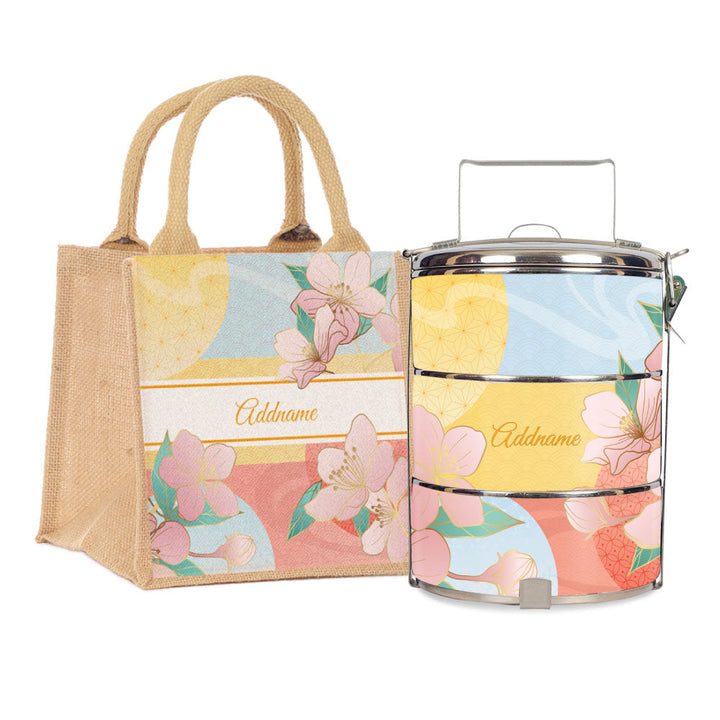 Zen Blossom Oriental Series 3-Tier Standard Medium 12cm Tiffin Carrier & Jute Bag (Natural | Signature)